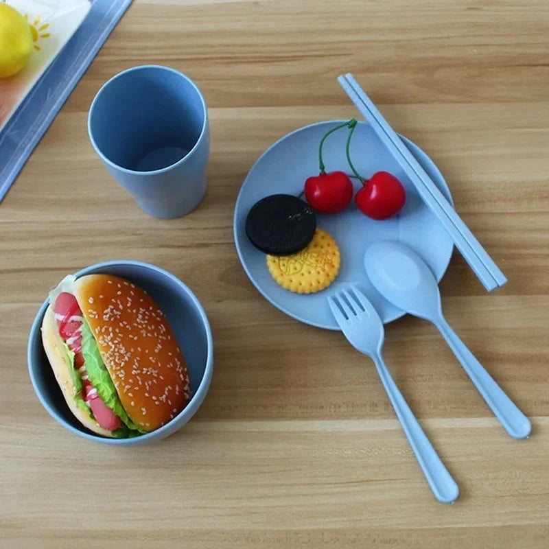 6 Pcs/Set Wheat Straw Baby Tableware Children Food Dishes Bowl Feeding Infant Learning Dinnerware Spoon Chopsticks Fork Cup New