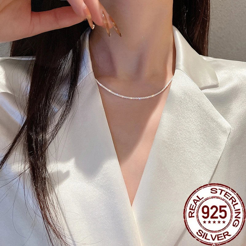 CWWZircons Genuine 925 Sterling Silver Round Cubic Zirconia Galaxy Stacked Thin Chain Necklace for Women Party Jewelry SD017