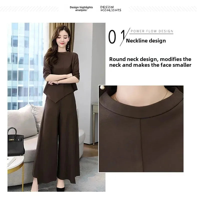 Spring Autumn Wide Leg Pants Set Women's Anti Aging Belly Cover Slimming Casual Elegant Skirt Pants Two Piece Set