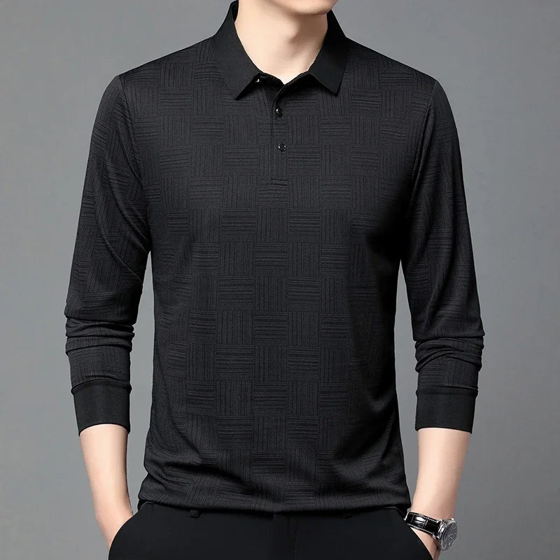 New Men's Business Casual Long Sleeved Shirt Solid Color Polo Shirt Fashionable Breathable Comfortable Versatile Top