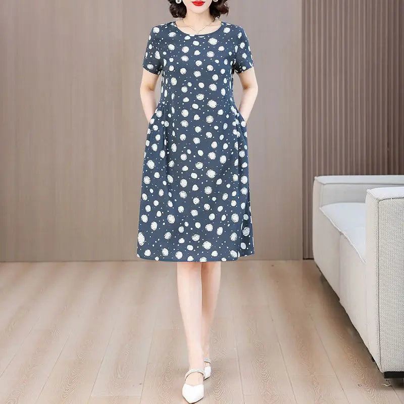 Women Summer Cotton Midi Dress Polka Dot Print Round Neck Short Sleeve Loose Casual Home Outdoor Dress S 4XL