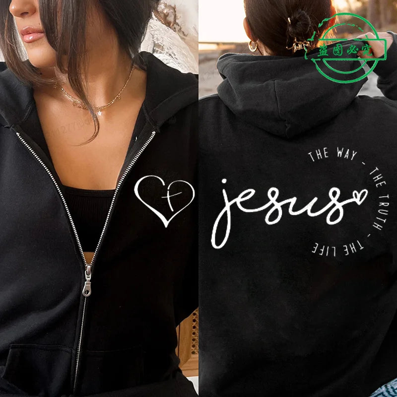 Autumn Fleece Zip Up Hoodie Jesus Print Hooded Sportwear Korean Fashion Sweatshirts Long Sleeve Top Pockets Loose Zip Hoodies