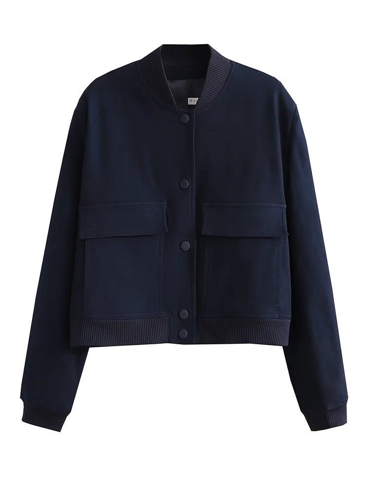 Women's Vintage V-Neck Bomber Jacket with Pockets