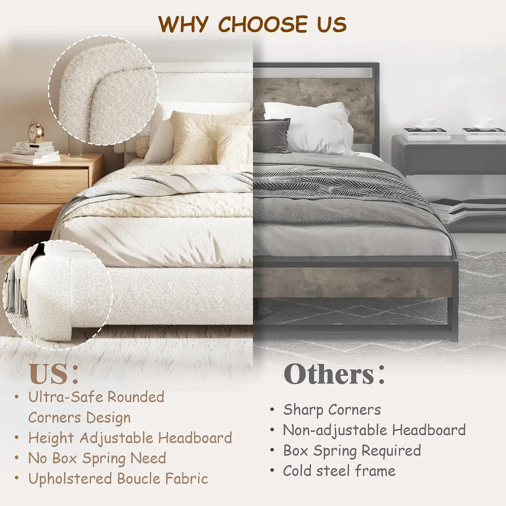 Boucle Upholstered Platform Bed with Adjustable Headboard & Rounded Corners, King Size, No Box Spring, Noise Free, White, Custom