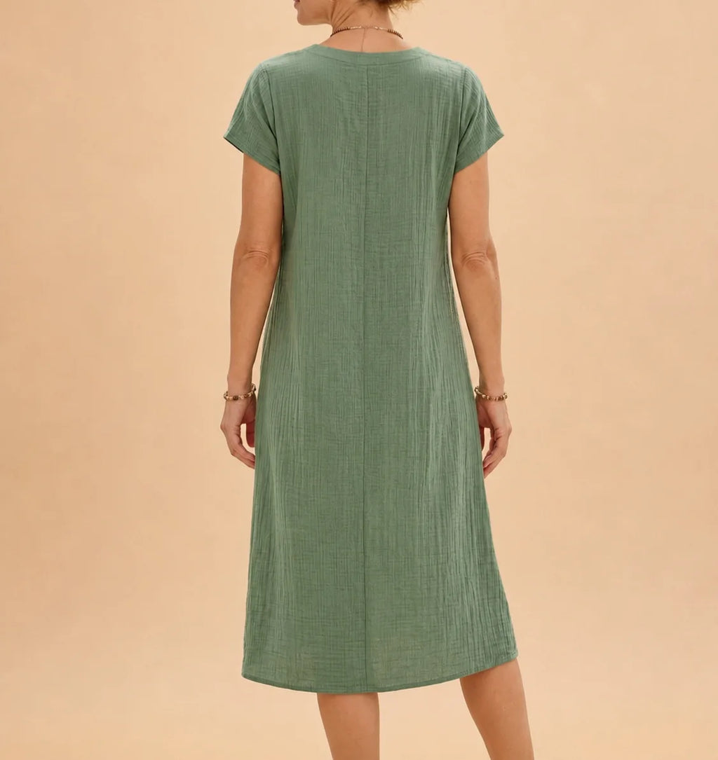 Casual Loose Polyester Crepe Dress V-Neck Short Sleeve Midi A-Line Skirt Women's Fashion Comfortable Leisure Cross-Border Style