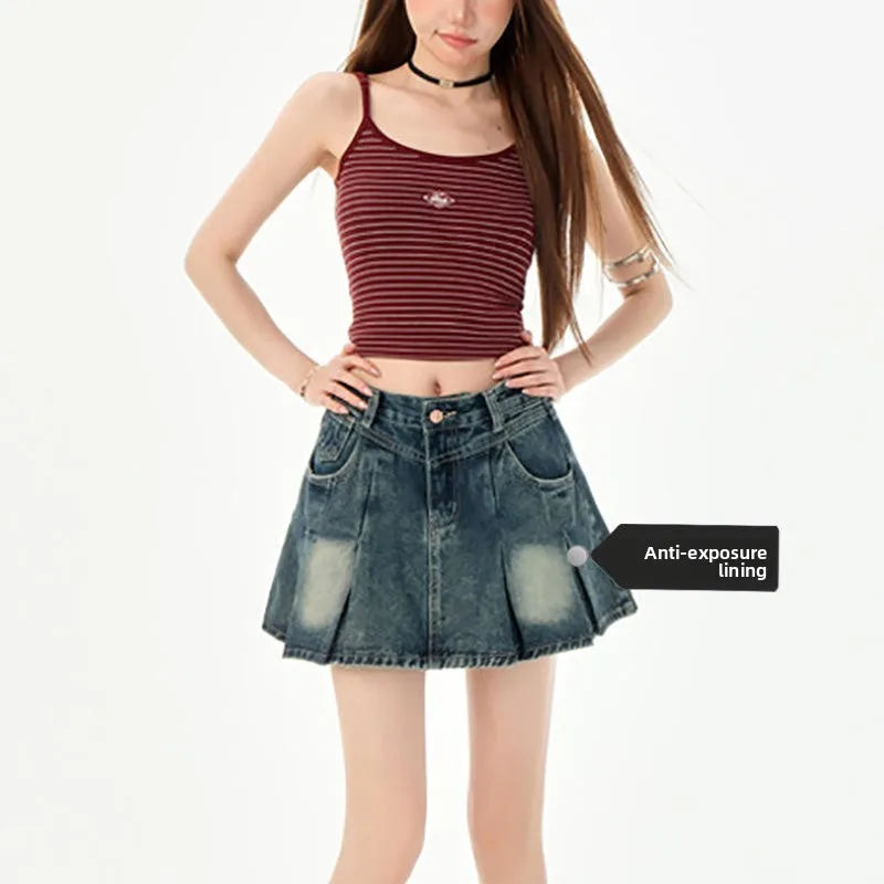 Trendy High Waist Pleated  Denim Skirt Women's Spring Summer New Lazy Style A-Line Half-length Jeans Skirts
