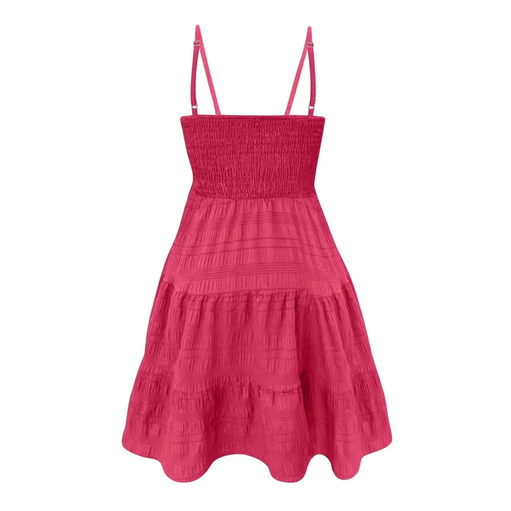 Bohemian Beach Sundress Women Sexy Sleeveless Backless Big Swing Mini Dress Solid Spaghetti Strap Ruffles Dress Summer Vestidos