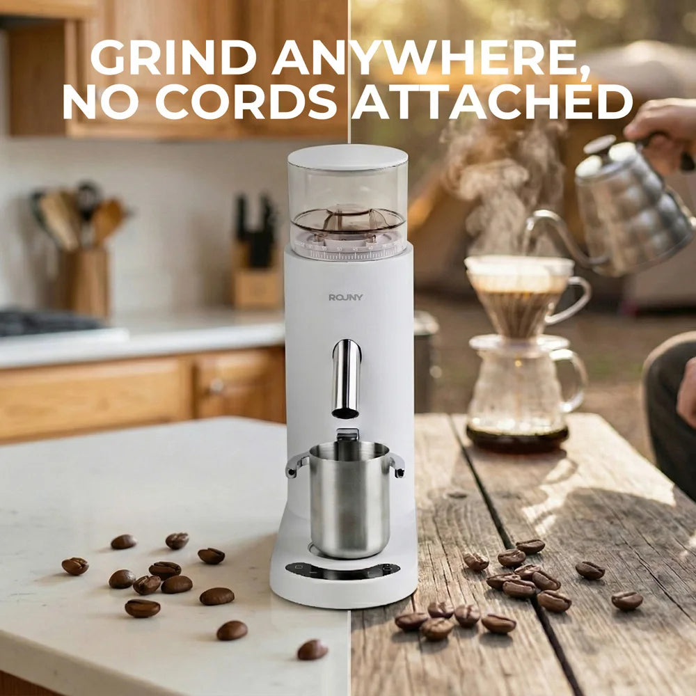 ROUNY Cordless Coffee Grinder, Rechargeable Electric Burr Grinder with Adjustable Grind, 80g Bean Hopper and 60g Dosing Cup