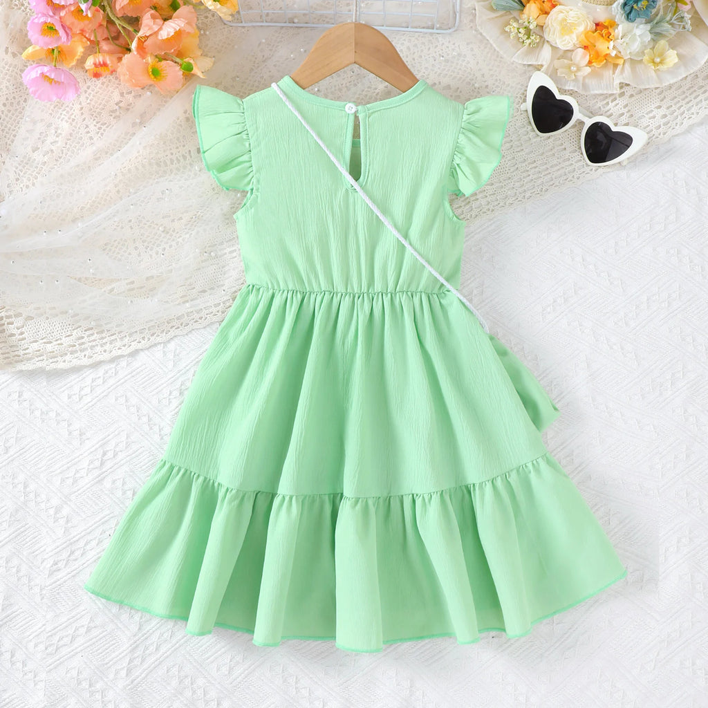 3PCS Fashion Girls 1-6 Years Old Summer Blue Sweet Sleeveless A-line Children's Dress 3D Wool Flower+Small Pocket Casual Dress