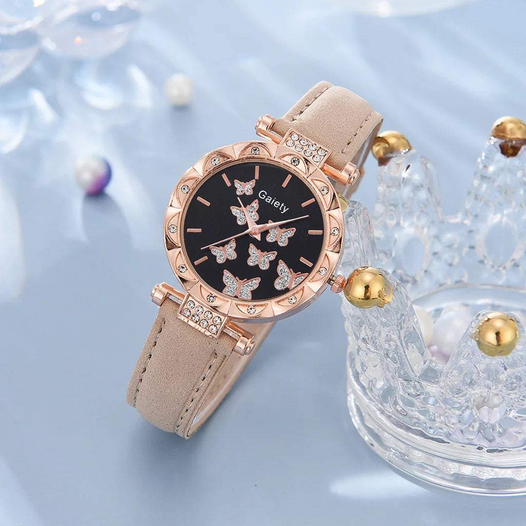 Butterfly Jewelry Set For Women Elegant Leather Watch Ring Necklace Earrings Bracelet Wedding Gift
