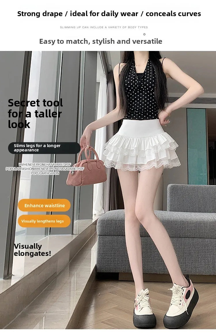 Pure Desire Lace A-Line Mini Skirt High Waist Puffy Sweet Style Short Cake Skirt Cotton Blend Fabric Summer Women's Dress