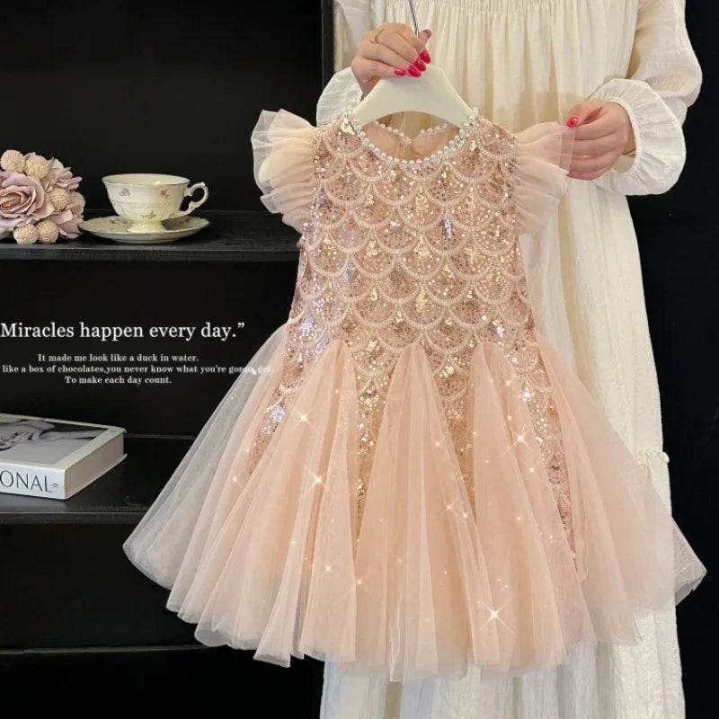 2026 New Summer Party Dresses for Girls Children's Elegant Fashion Mesh Flying Sleeves Sequined Tank Top Princess Skirt S3069