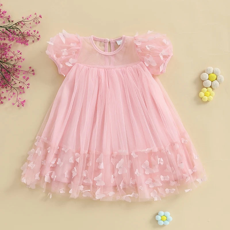 3-8Y Kid Girl Tulle Dress 3D Butterfly Short Sleeve Square Neck Mesh A-Line Dress for Spring Summer
