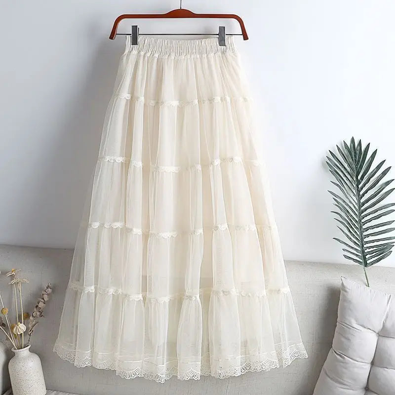 Sweet Lace A-Line Half Skirt Women's Spring Summer New Style Elastic Waist Slimming Cake Skirt High Waist Polyester Fiber