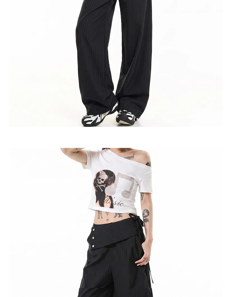 Detachable Skirt Panel Striped Suit Pants Women Turn Up Cuff Tie Waist Straight Wide Leg Trousers Loose Casual Streetwear Pants