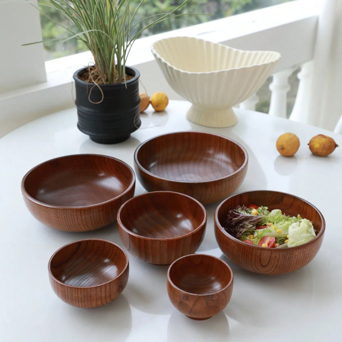 1Pc Stackable Solid Wood Bowl / Available in Large and Small Sizes / Household Wooden Bowl for Salad / Rice / Soup Noodles