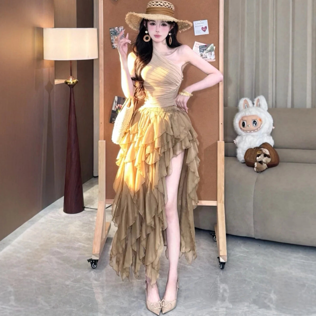 Asymmetric Cake Skirt Half-length Women's Fashion Summer 2026 Pure Desirable Spicy Girl Vacation Style Long Skirt with Lace