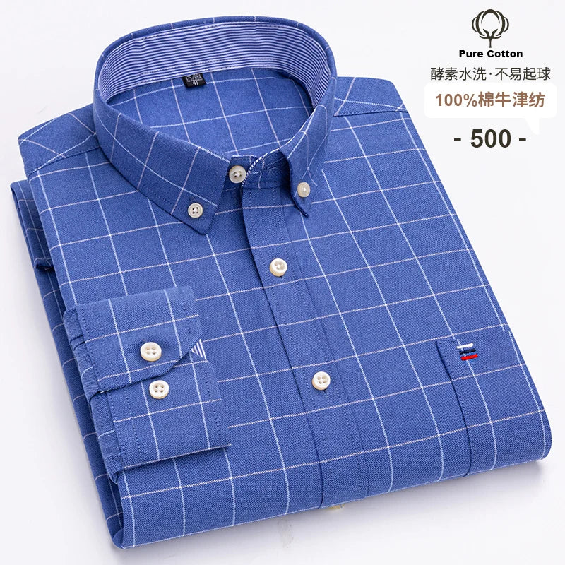 Men's Long Sleeve Plaid Oxford Shirt - 100% Cotton Button-Down