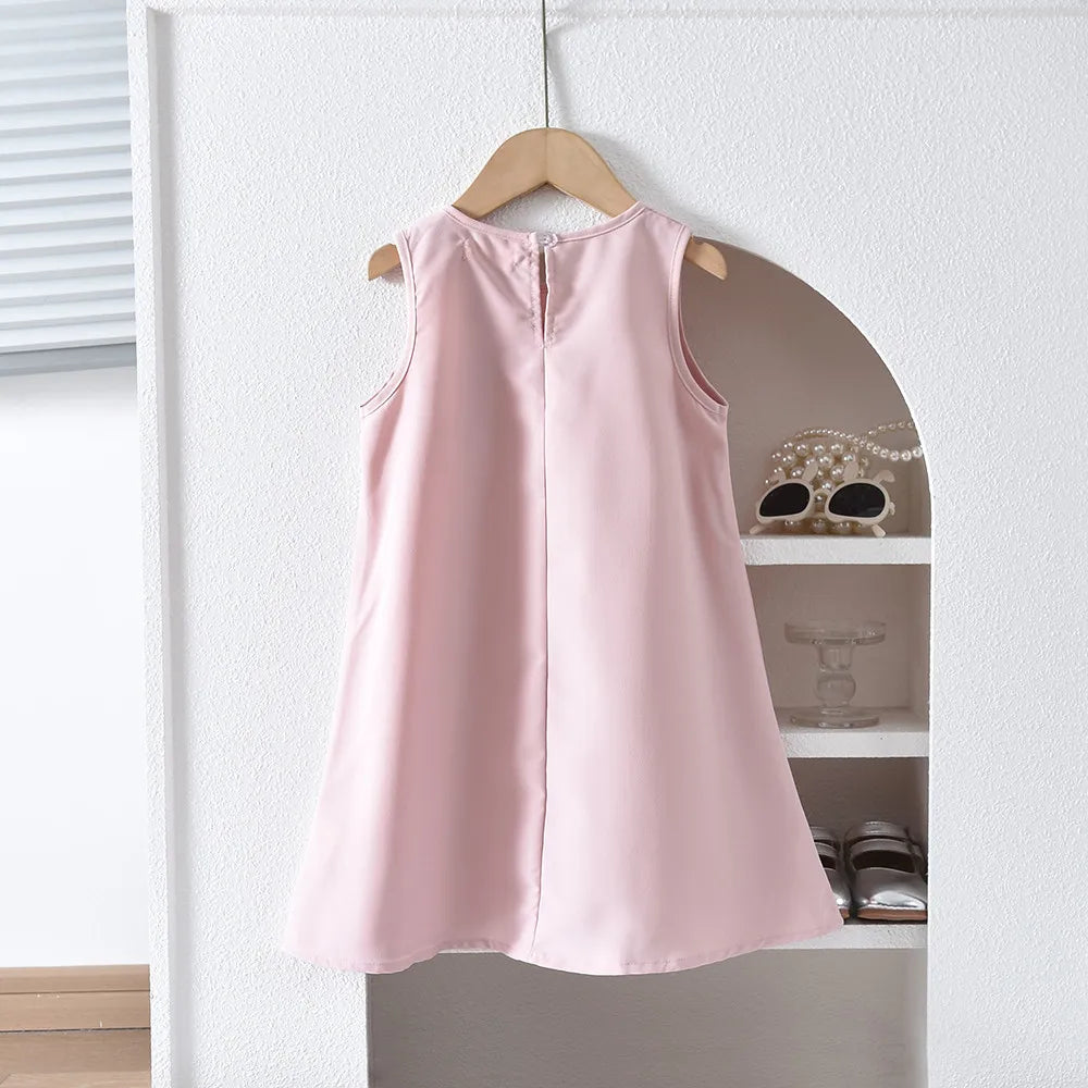Bear Leader Pink Sweet Cute Princess Girl Dresses 3D Flower Decoration Sleeveless Birthday Party Dress Solid Color Kids Clothes