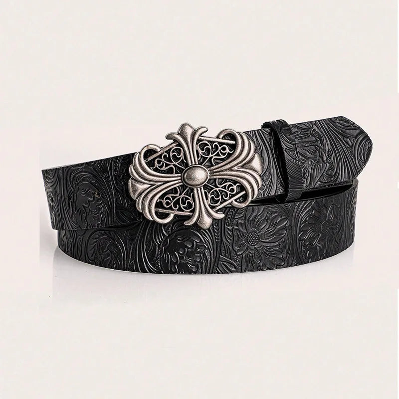 Hong Kong-style Denim Belt with Cross Carving & Rivets Niche Subculture Style Versatile Street Waistband for Casual Daily Outfit
