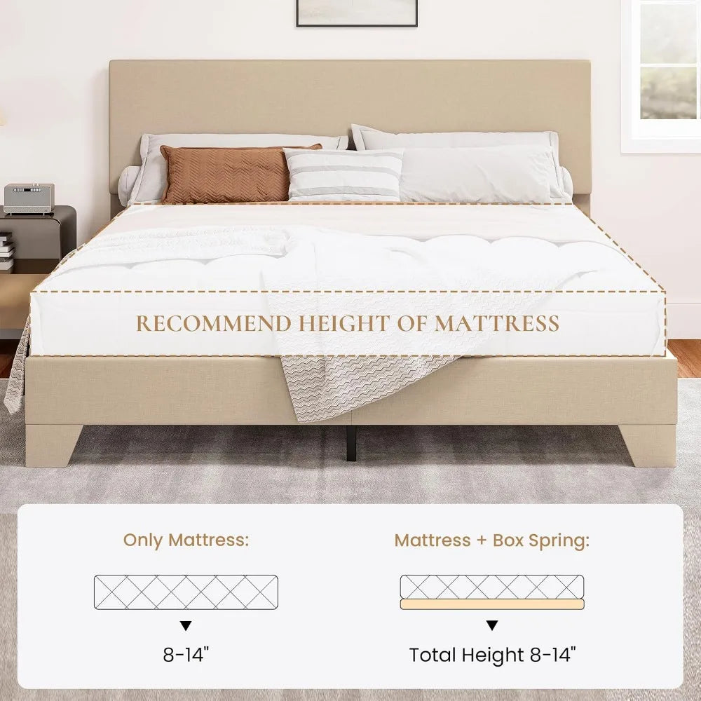 Linen Upholstered Queen Size Bed Frame with Headboard, Beige