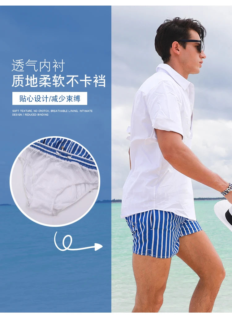 Men Clothing 2026 Beach Pants Men's Beach Vacation White Striped Shorts Hot Spring Swimming Trunks with Lining