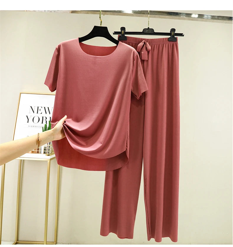 Women's Ice Silk Two-Piece Set - Round Neck T-Shirt and Loose Pants