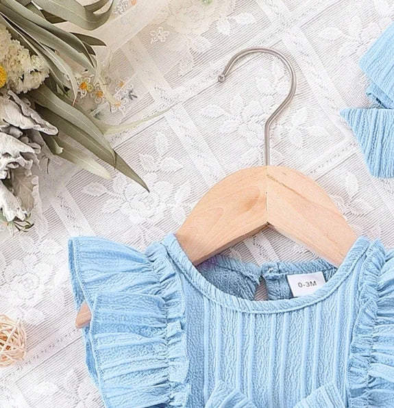 Baby Girl Summer Blue Dress With Ruffled Edges And Bow, Sweet And Cute Style Dress Suitable For 0-3 Year Old Cute Baby Girls