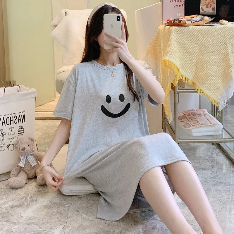 Summer Women Nightgown Lady Casual Short-sleeve Long Dress Loose Girl Loungewear Student Dress Outside Woman Casual Home Dress
