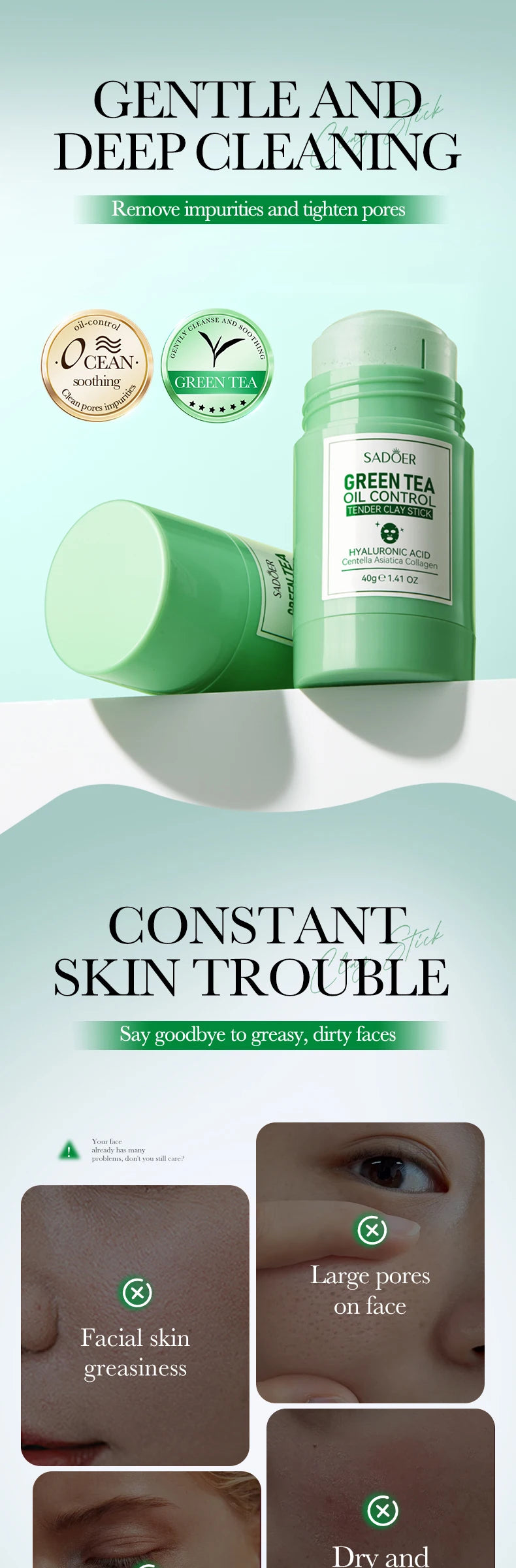 SADOER Green Tea Rose Mud Face Mask Stick Clay Facial Masks Moisturizing Remove Blackhead Anti-aging Facial Cleansing Mud Masks