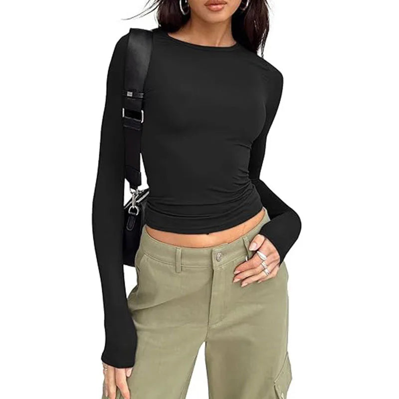 1pcs Woman Clothing Long Sleeve T-shirt Slim Fit Top Female O-Neck Knitted Sheath Tee Shirt Street Wear Sexy Sport Solid Tshirt
