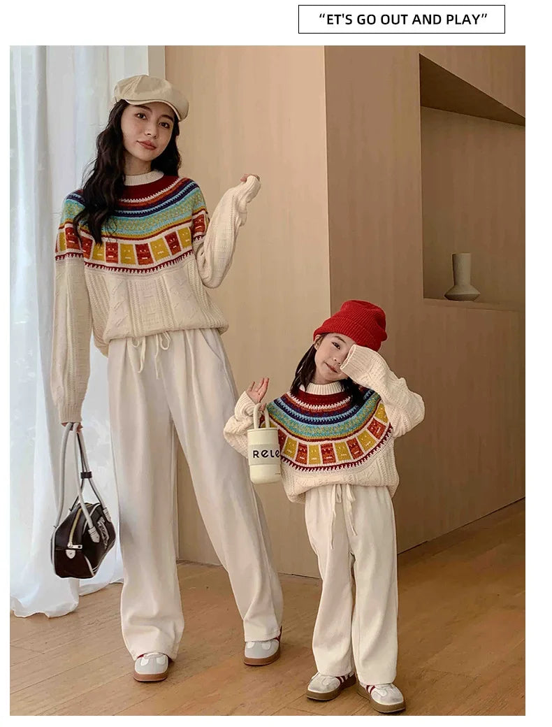 Women Sweater Print Family Daughter Matching Equal Mother Same Knit Top Pullover Baby Knitwear Clothes Knitted Jumper Holiday