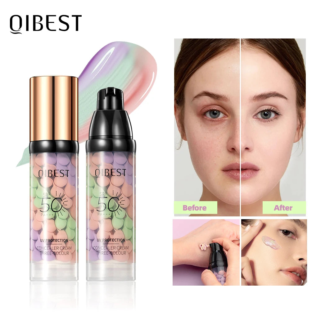 Qibest Face Makeup Primer Tri-Color Cream Brighten Contour Color Isolation Waterproof Foundation Natural Makeup Base Cream