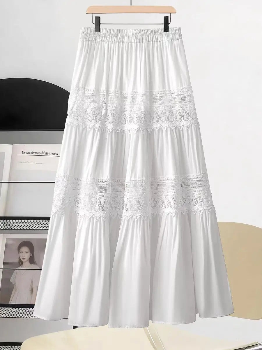 White Double Lace Tiered Maxi Skirt Women Full Elastic Waist Flowy Ruffle A-Line Long Skirt