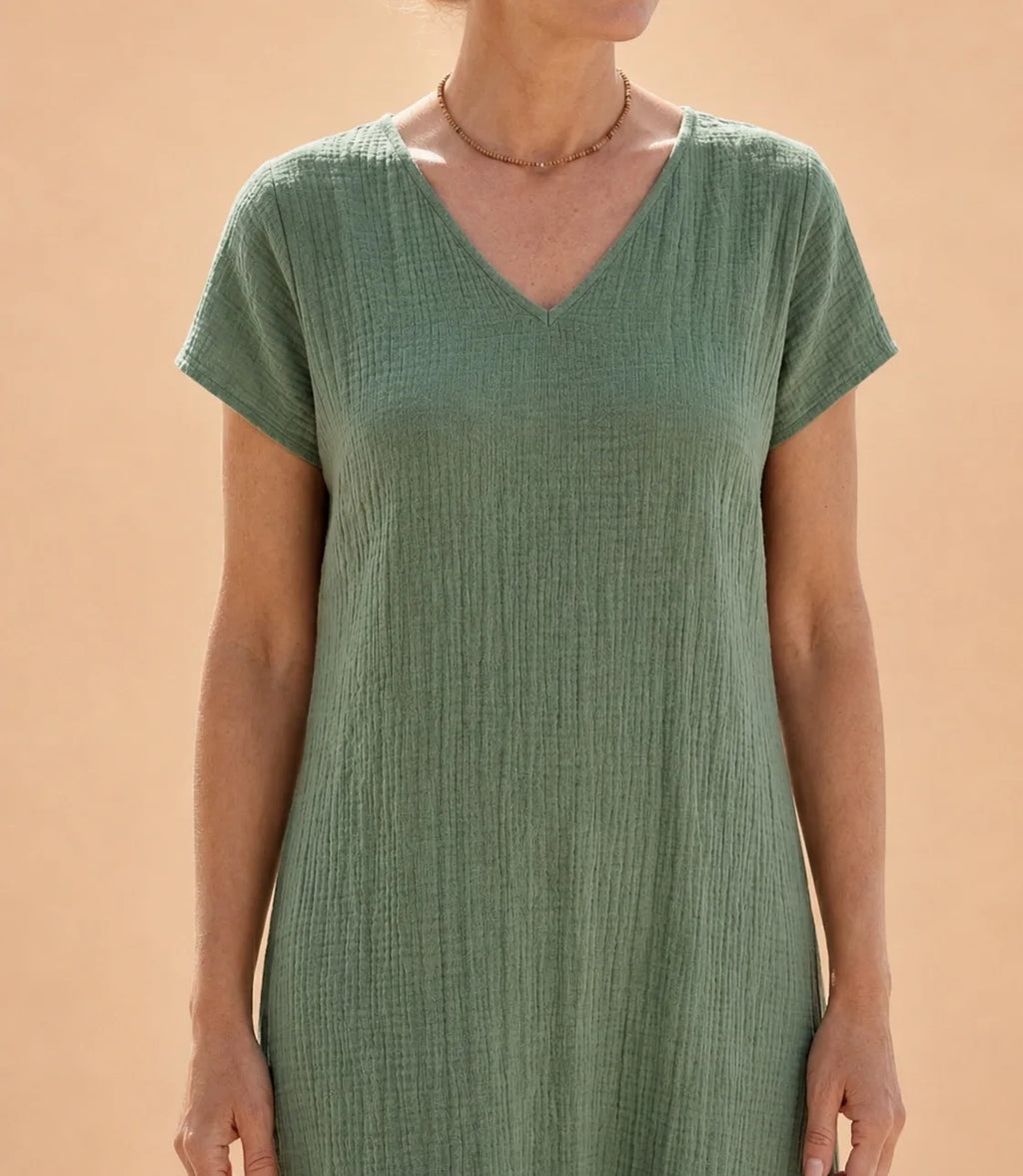 Casual Loose Polyester Crepe Dress V-Neck Short Sleeve Midi A-Line Skirt Women's Fashion Comfortable Leisure Cross-Border Style