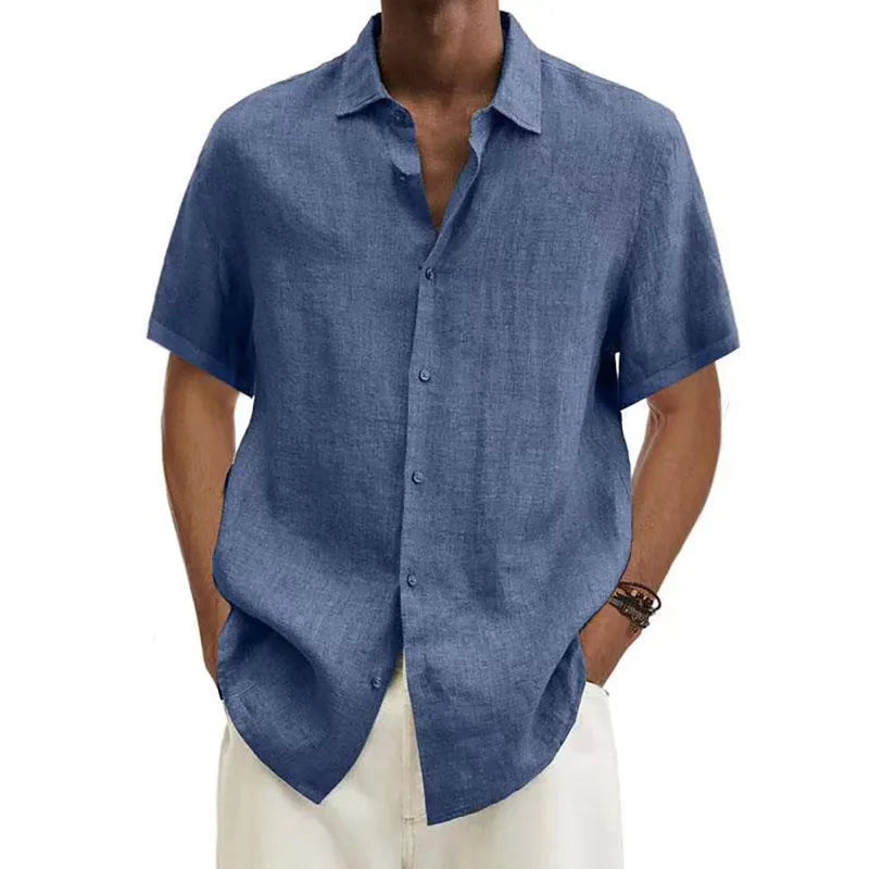 Men's Cotton Linen Button Short Sleeve Shirt Loose Fit Classic Collar Trendy Casual Summer Fashion Pure Color Youth Clothing