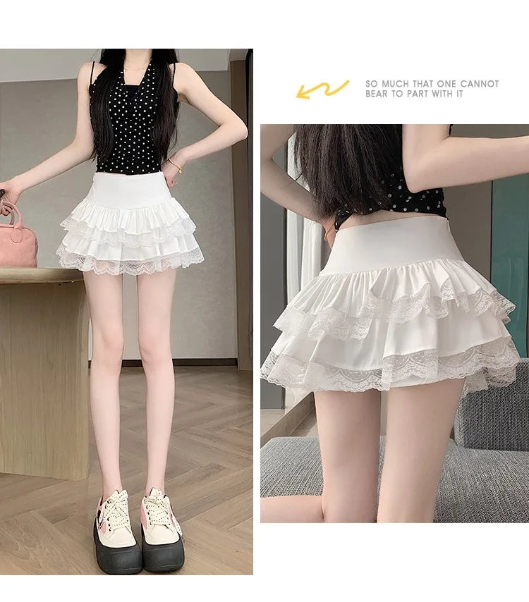 Pure Desire Lace A-Line Mini Skirt High Waist Puffy Sweet Style Short Cake Skirt Cotton Blend Fabric Summer Women's Dress