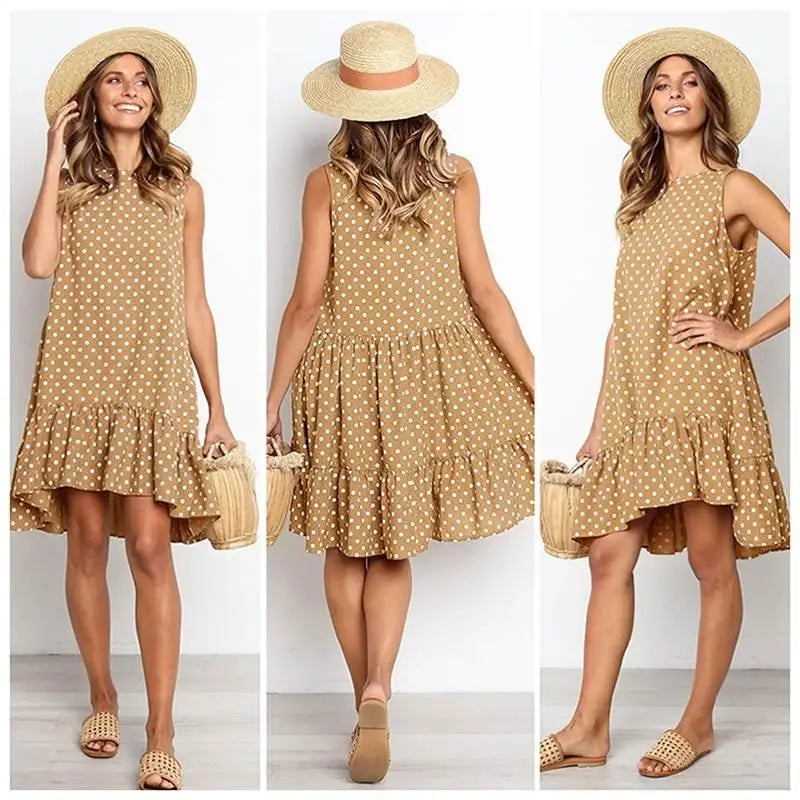2020 Summer round Neck Sleeveless Polka Dot Loose A-Line Dress with Lace Hem Long Evening Gown Women's Fashion Casual Dress