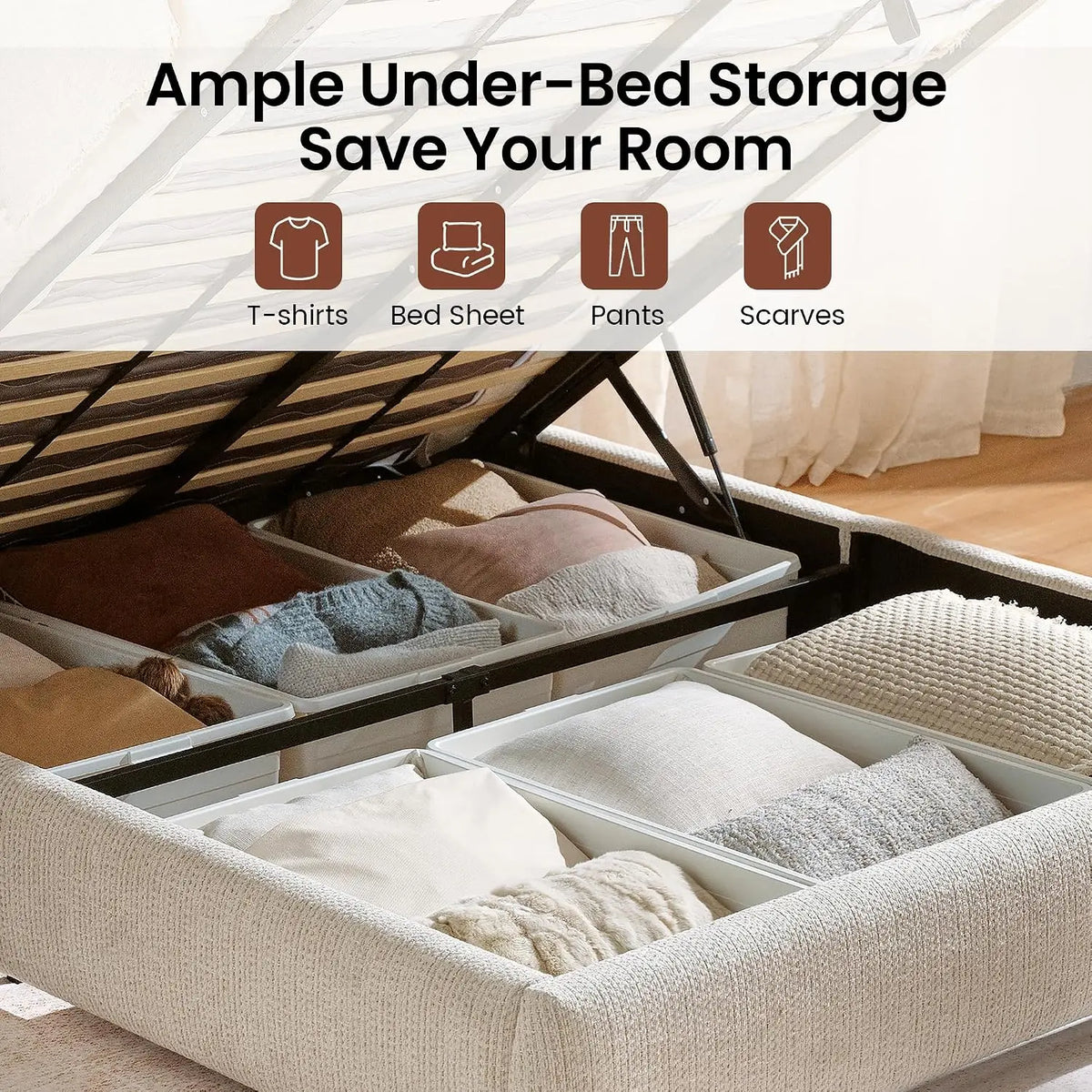 Queen Storage Bed Frame Adjustable Headboard Beige, Customized