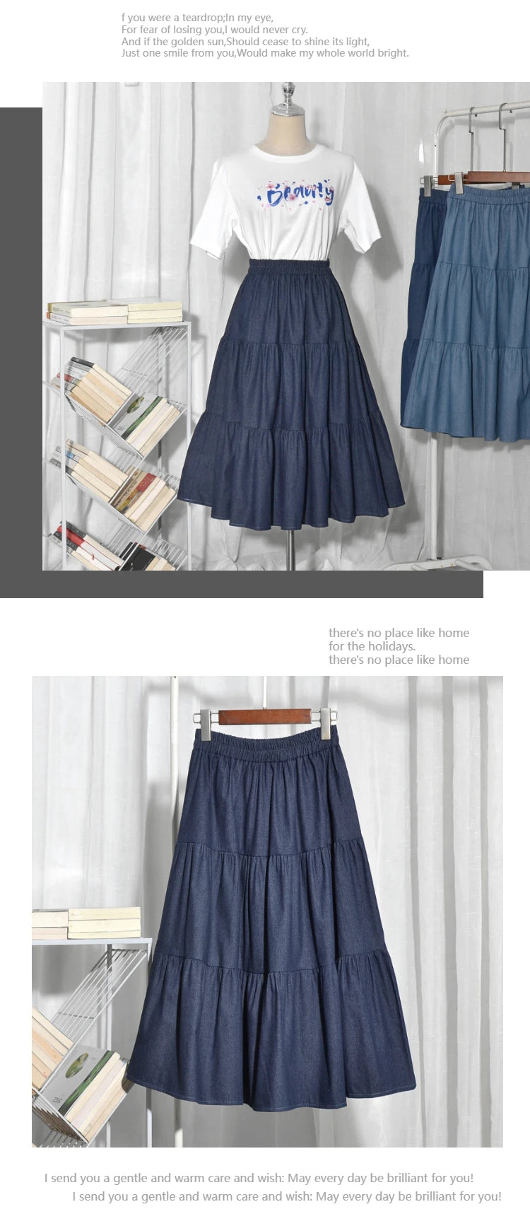 Summer Cake Splicing Denim Skirt Women's A-Line Midi Retro Elastic Waist Slimming Fat MM Light-Colored Skirts Korean Sle Hi...