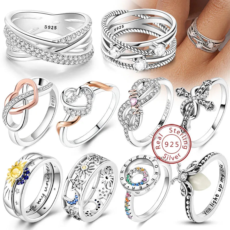 925 Sterling Silver Bow Heart Moon Star Zircon Ring