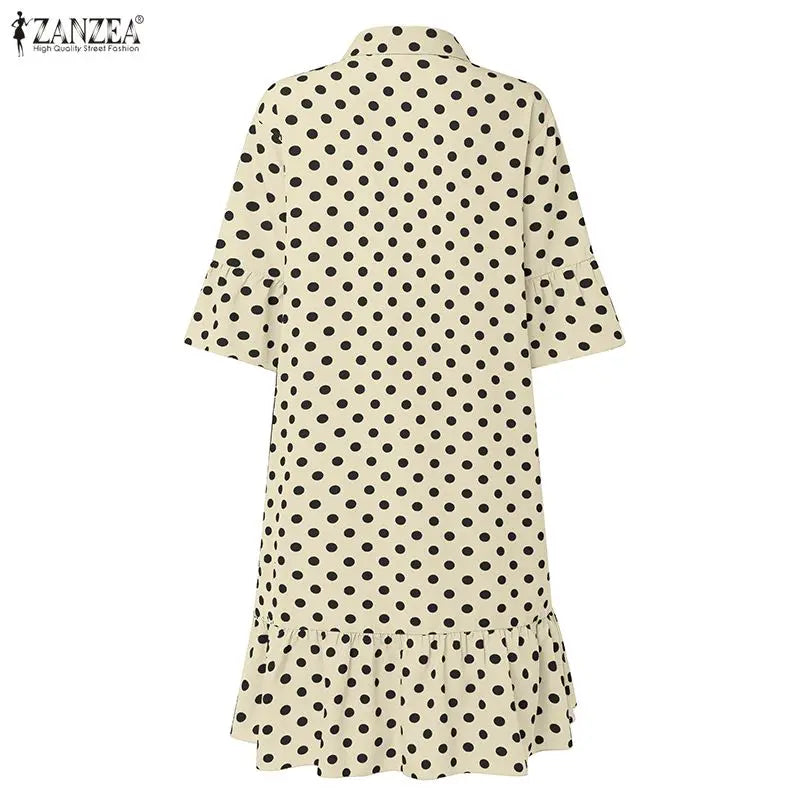 ZANZEA Summer Elegant Lapel Neck Short Sleeve Sundress Polka Dots Printed Women Dress Stylish Casual Holiday Beach Midi Dresses