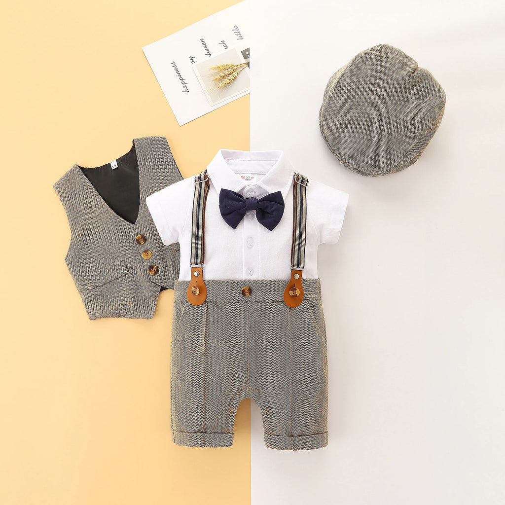 FOCUSNORM 0-24M 3 Colors Baby Boys Gentleman Clothes Sets 3pcs Short Sleeve Patchwork Bow Romper + Vest Coat+ Hat