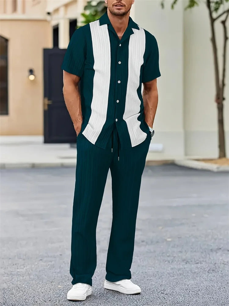 Mens Geometric Color Block Short Sleeve Two Piece Set For Autumn Casual Comfort And Fashion