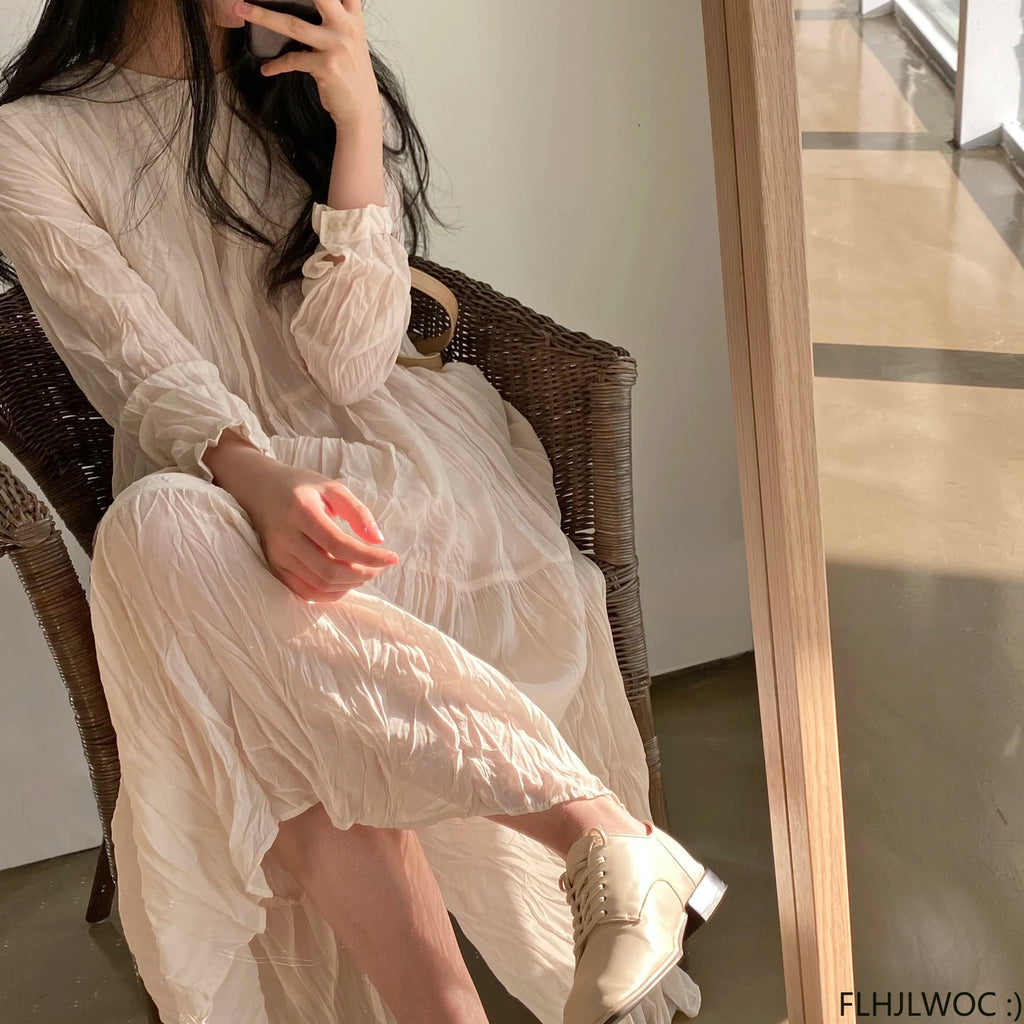 Autumn Spring Wrinkle Loose Dresses New Hot Women Cute Japan Style Retro Vintage Girls Holiday Casual Solid Apricot White Dress