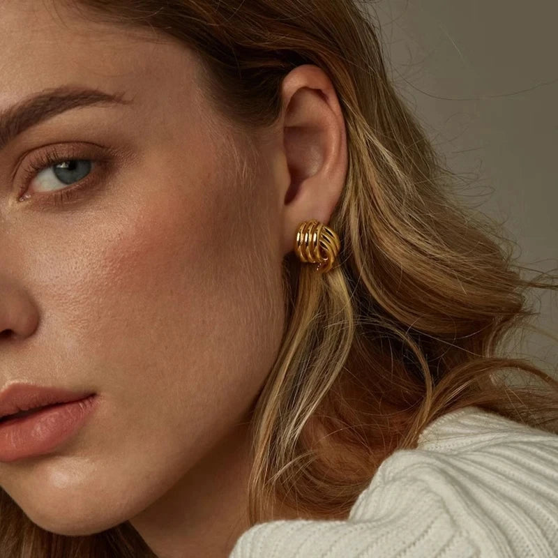 Fashion Glossy Three-Layer Textured Intersecting Knot Earrings For Women'S Gold Color Stainless Steel Earring Vintage Jewelry