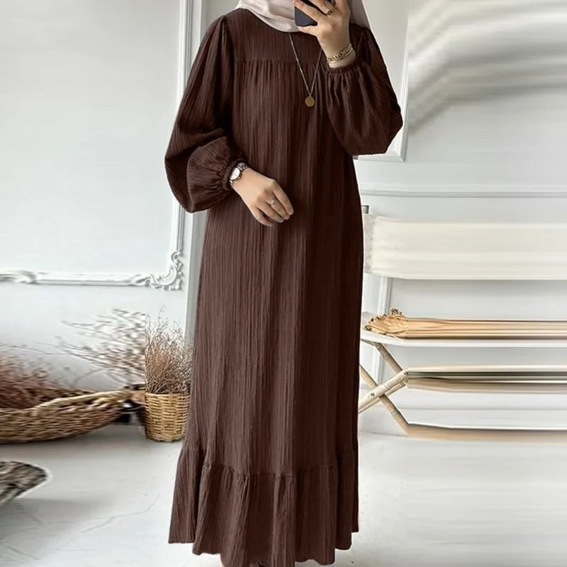 Women’s Spring-Summer Textured Long Sleeve Maxi Dress Round Neck, Ruffle Hem, Loose Fit, Casual Boho Style, Vacation Beach Wear