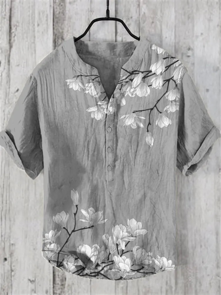 Men's New Linen Blended Shirt Japanese Samurai Comfortable Casual Top Retro Printed Men's Clothing