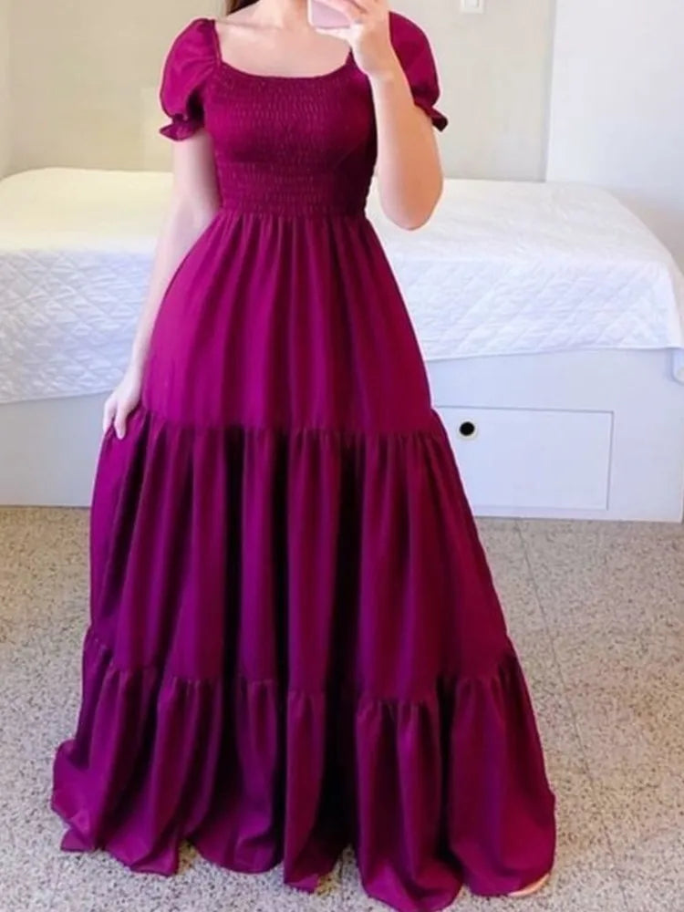 New Women's Boho Floral Dress Spring Summer European American Women's Clothing Off-shoulder Fragrant Long Solid Color Dress