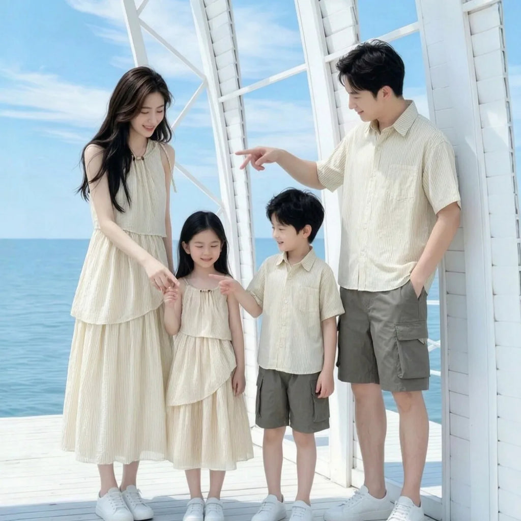 Mommy and Me Clothes Striped Print Family Matching Outfits Holiday Look Button Shirt Ruffles Dress Casual Clothing Set Beachwear